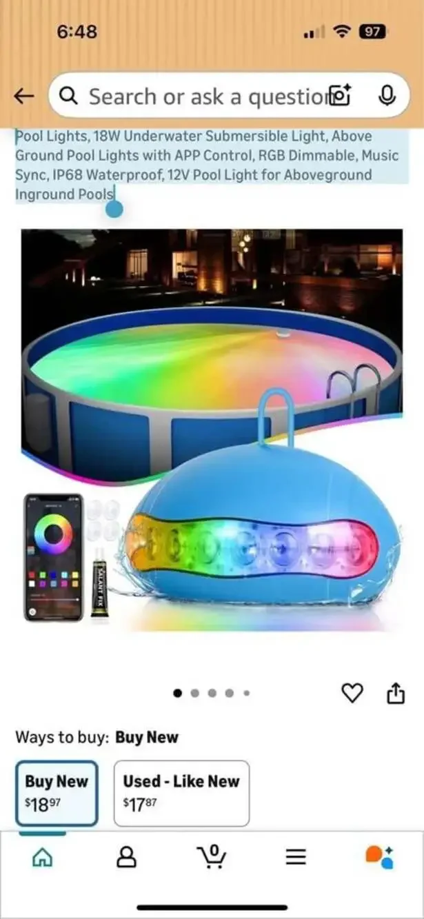 18W Above Ground Pool Lights with APP & Remote Control, 12V RGB Smart LED Pool L